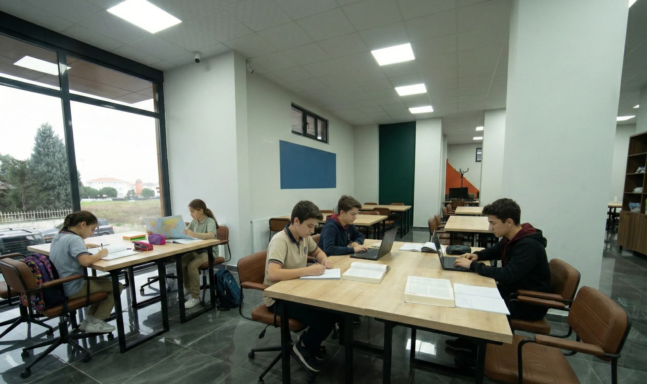 YES.Akademi çalışma alanı: öğrenciler kendi masalarında ders çalışıyor
