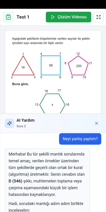 Uygulama ekranı: yanlış çözülen soruda yapay zekâ öğretmen hatanın nedenini açıklıyor