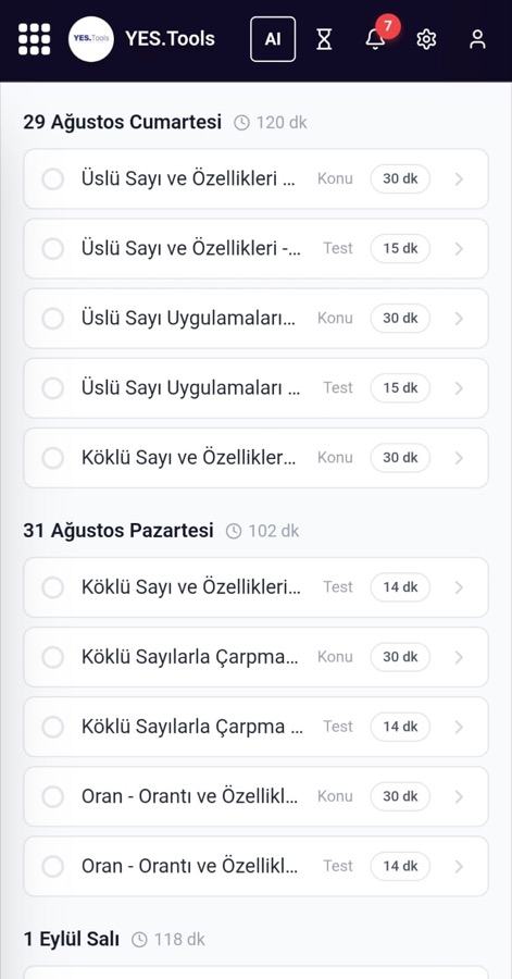 Uygulama ekranı: yapay zekâ koçun kurduğu günlük çalışma programı, konu ve test süreleriyle